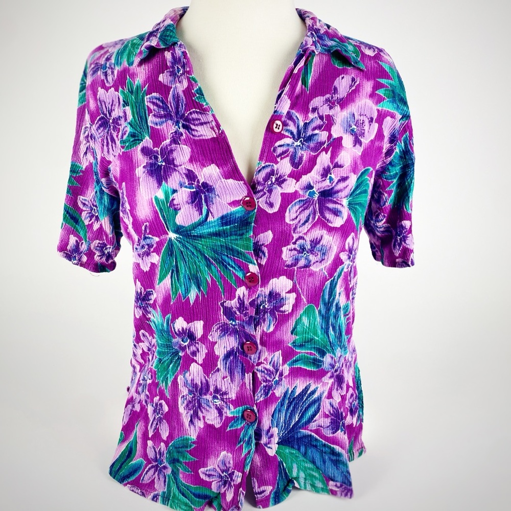 California Krush Vintage Button Up Shirt Medium Women Purple Floral Hawaiian